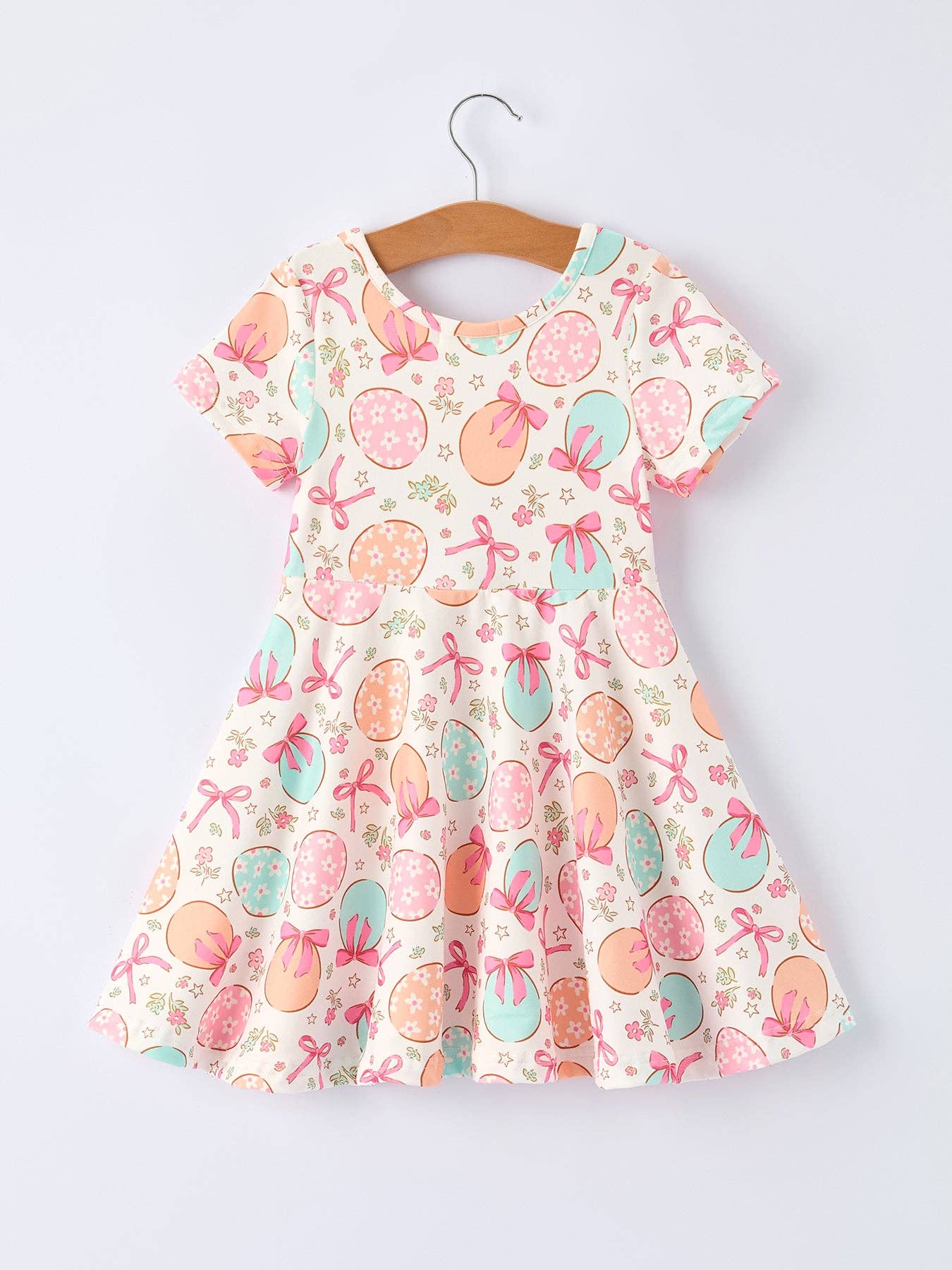 Easter Egg Bow Print Girls Short Sleeve Dress