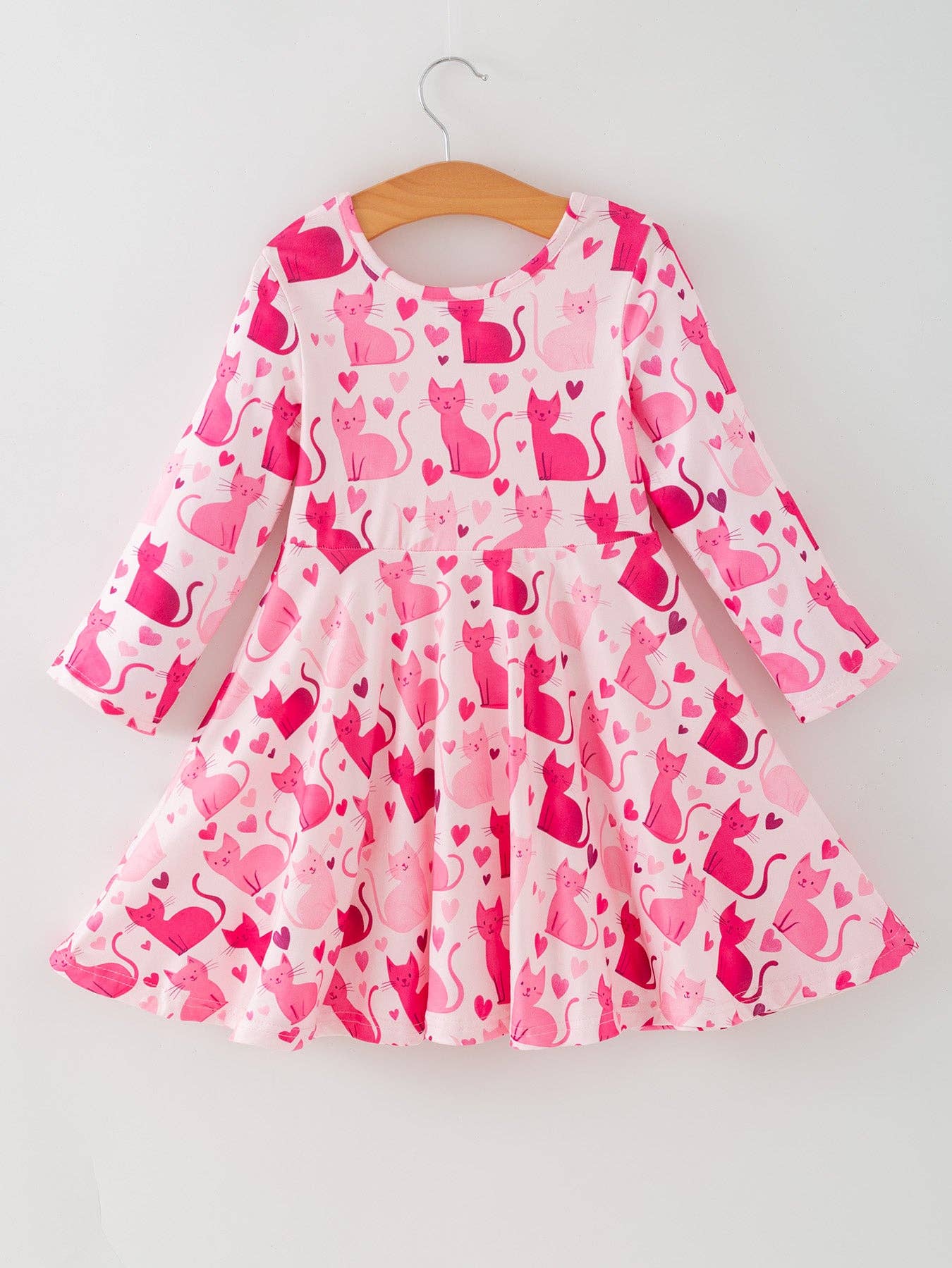 Pink Cat Dress – Long Sleeve Heart Print Outfit