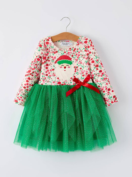 Christmas Santa Applique Floral Long Sleeve Ruffle with Bow Ties Girls Dress
