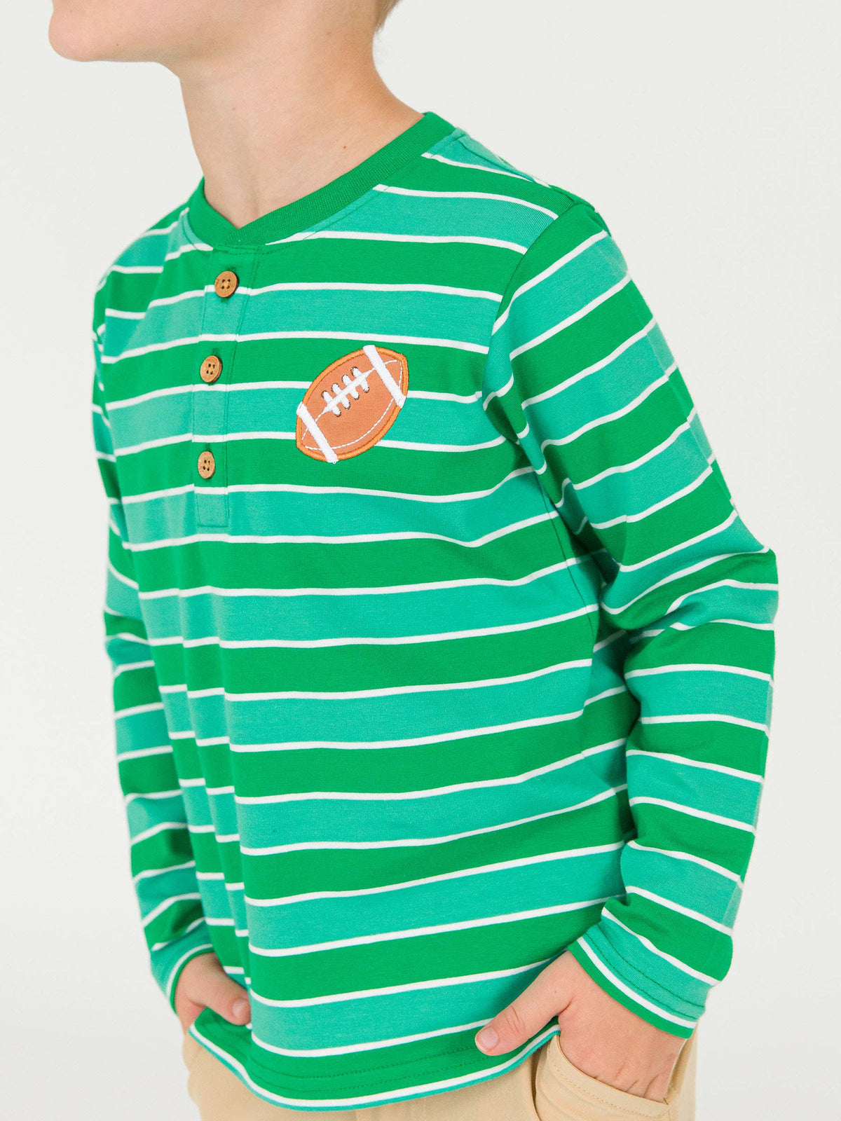 Boys Varsity Football Green Stripe Knit Long Sleeve Embroidered Henley Tee
