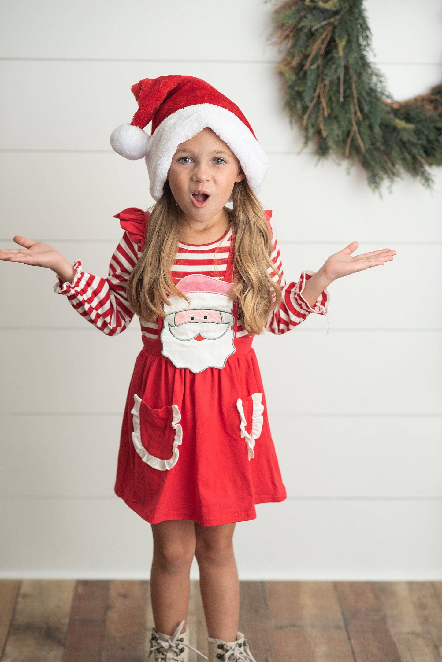 Striped Santa Ruffle Pocket Pinafore Christmas Set