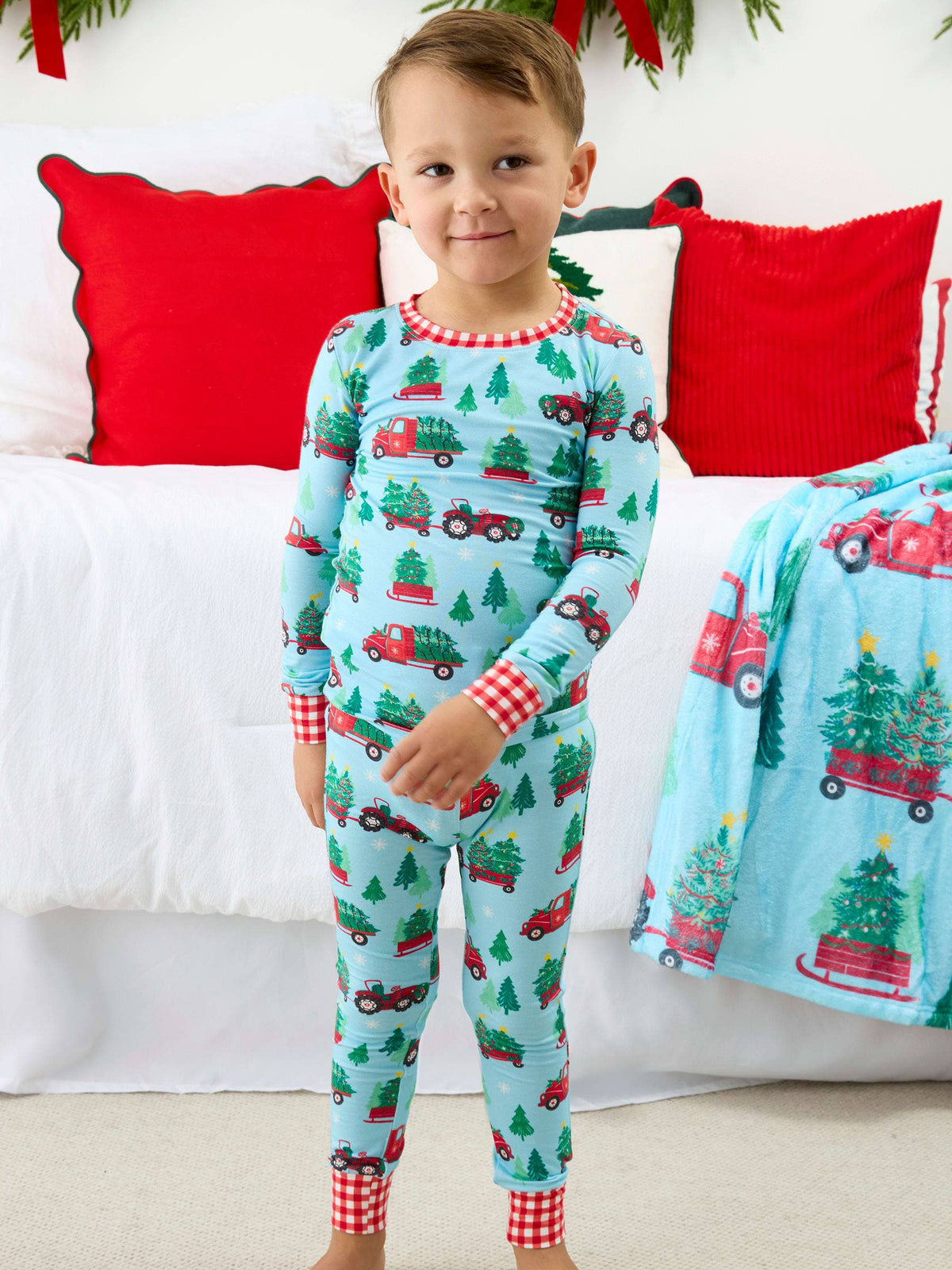 SoftSnooze™ Kids Bamboo Viscose Christmas Tree Farm Trucks Long Sleeve Pajama Set