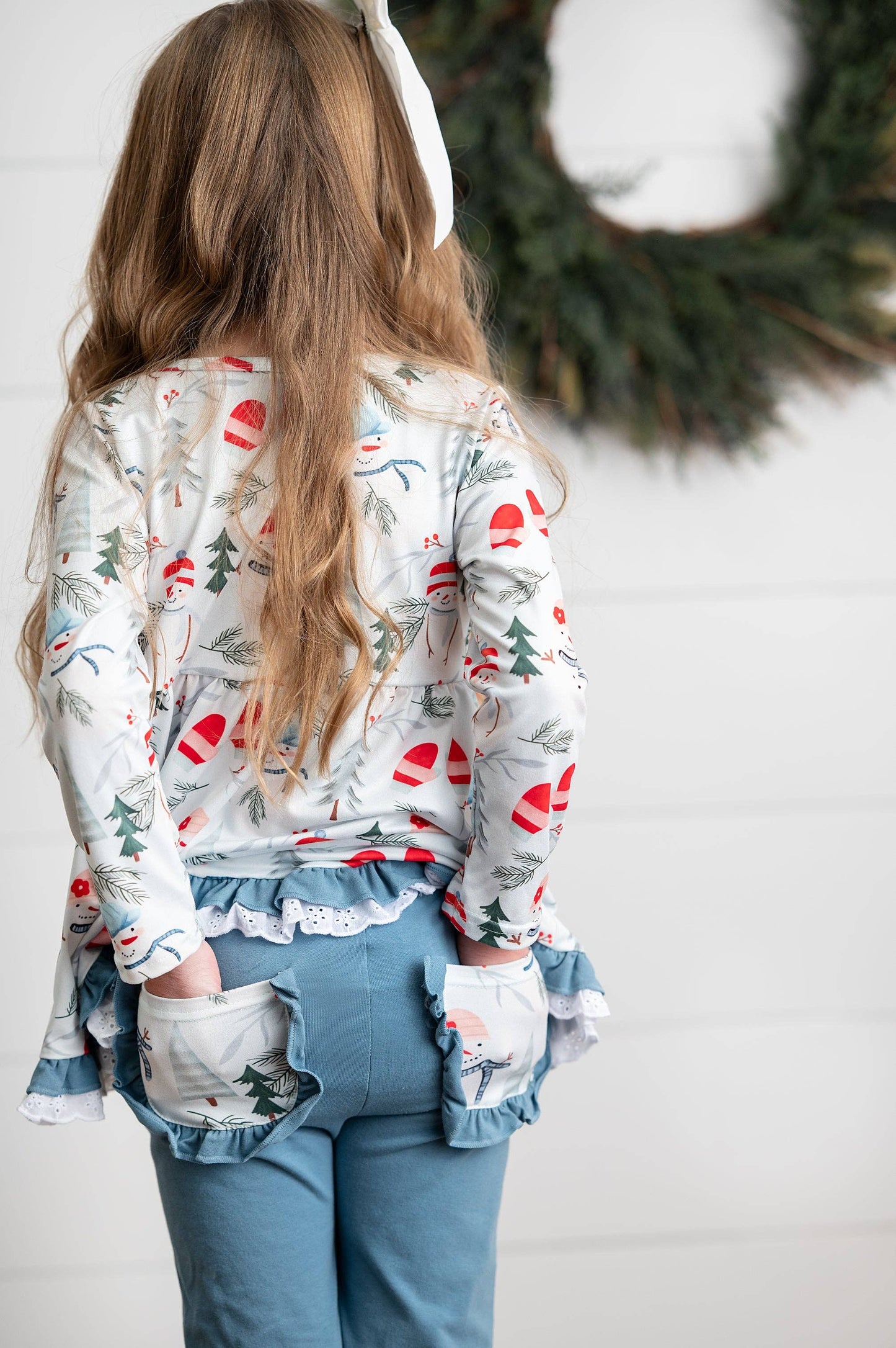 Snowman Lace Ruffle Pocket Winter Holiday Pant Set