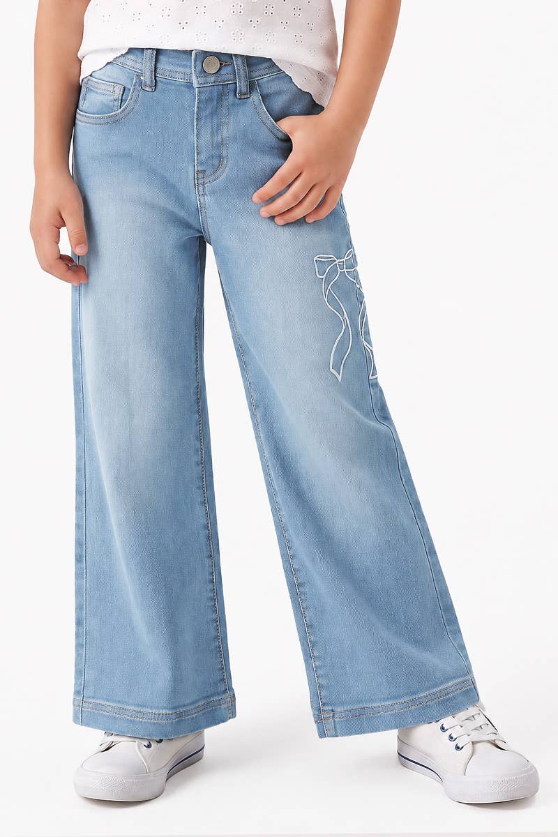 Girl's Wide Leg Denim Jean w/ Bow Embroidery
