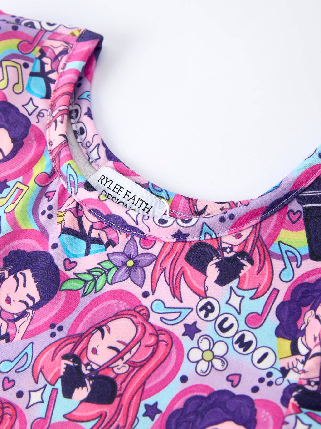 Purple Characters Music Print Short Sleeve Girls Dress