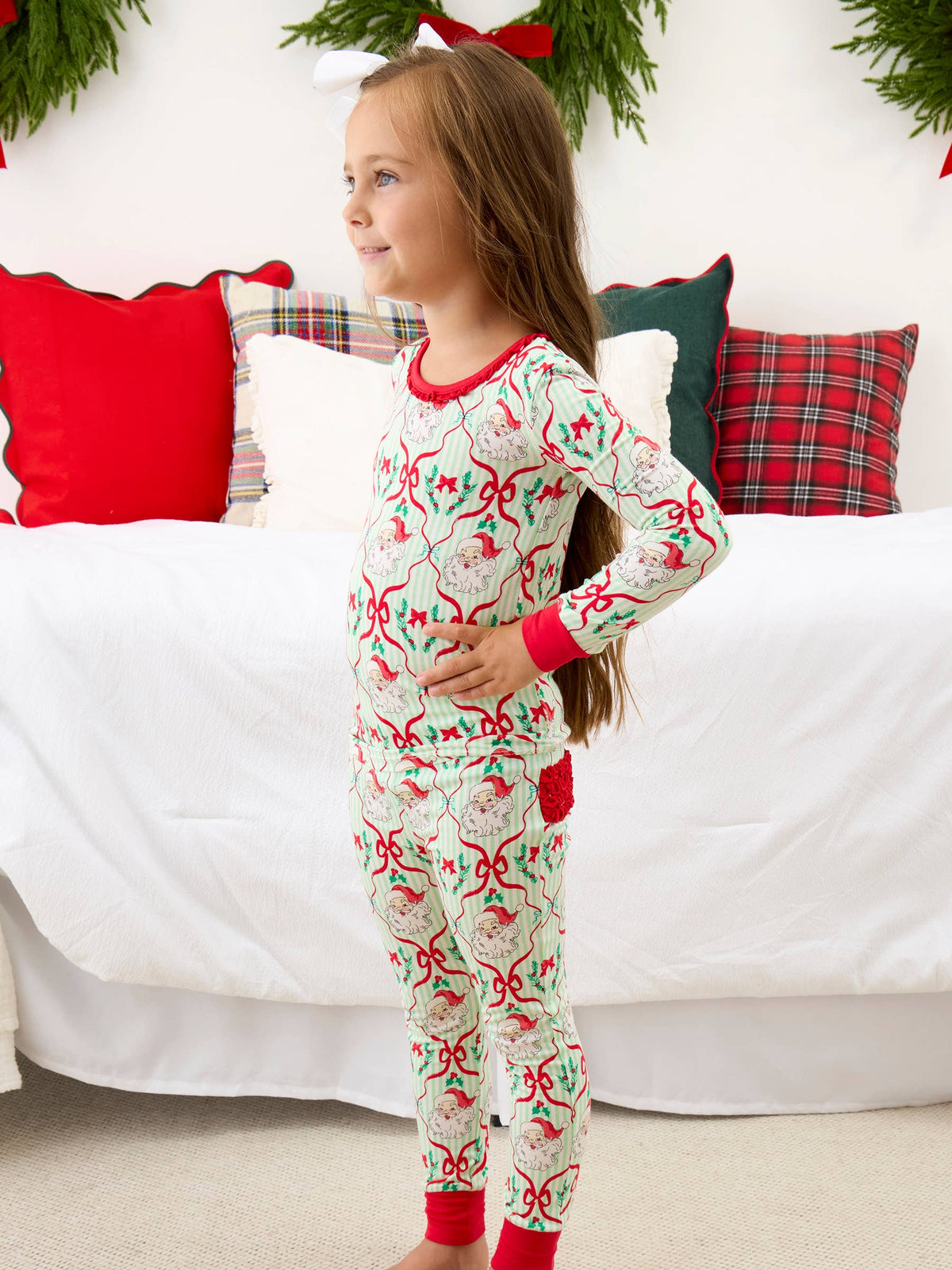 SoftSnooze™ Toddler Girls Bamboo Viscose Dear Santa Green Stripe Christmas Ruffle Long Sleeve Pajama Set with Signature Rear Ruffles