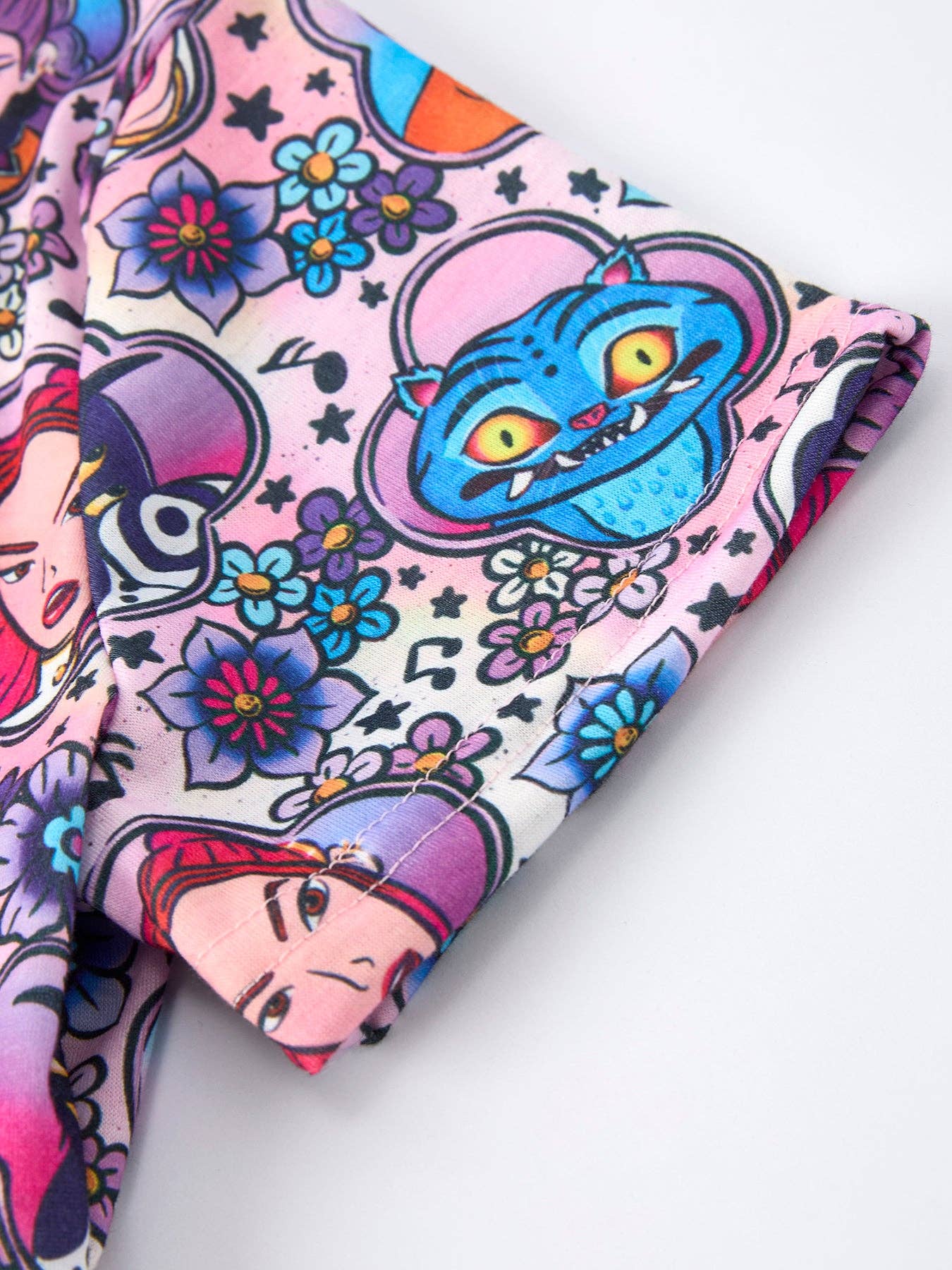 Purple Characters Print Short Sleeve Girls Dress