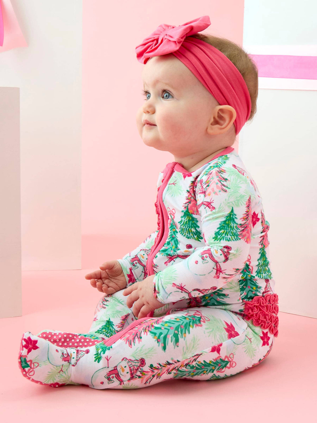 SoftSnooze™ Baby Girls Bamboo Viscose Pink Snowman Grove Footed Ruffle One Piece Pajama