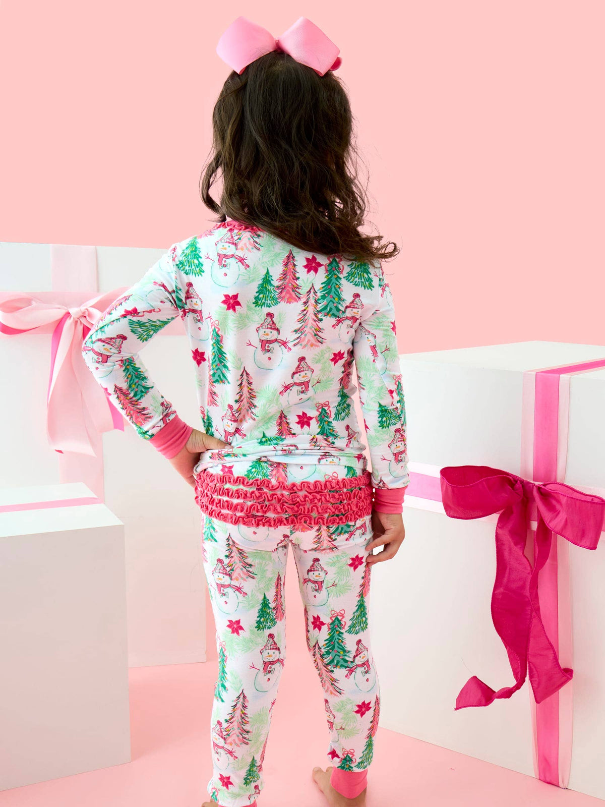 SoftSnooze™ Toddler Girls Bamboo Viscose Pink Snowman Grove Ruffle Long Sleeve Pajama Set with Signature Rear Ruffles