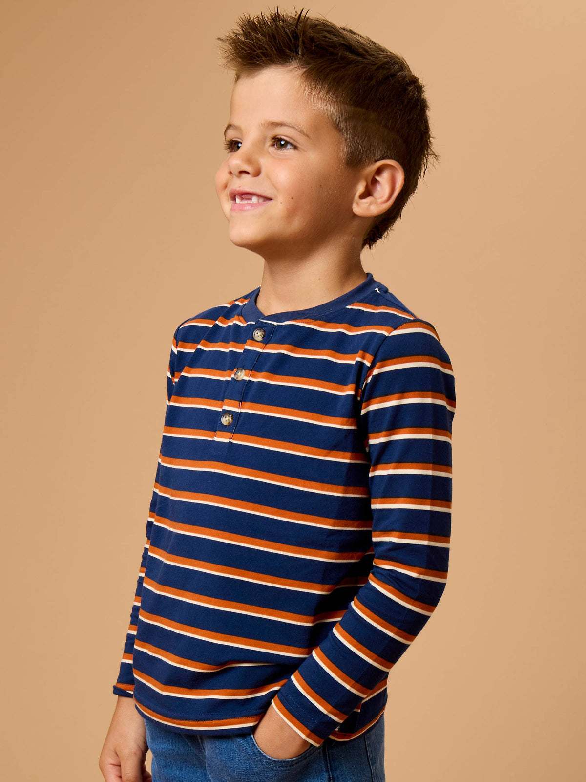 Boys Dark Navy & Rust Stripe Knit Long Sleeve Henley Tee