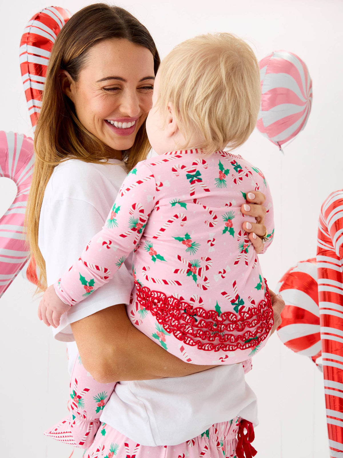 SoftSnooze™ Baby Girls Cotton Modal Holly Candy Canes Christmas Footed Ruffle One Piece Pajama