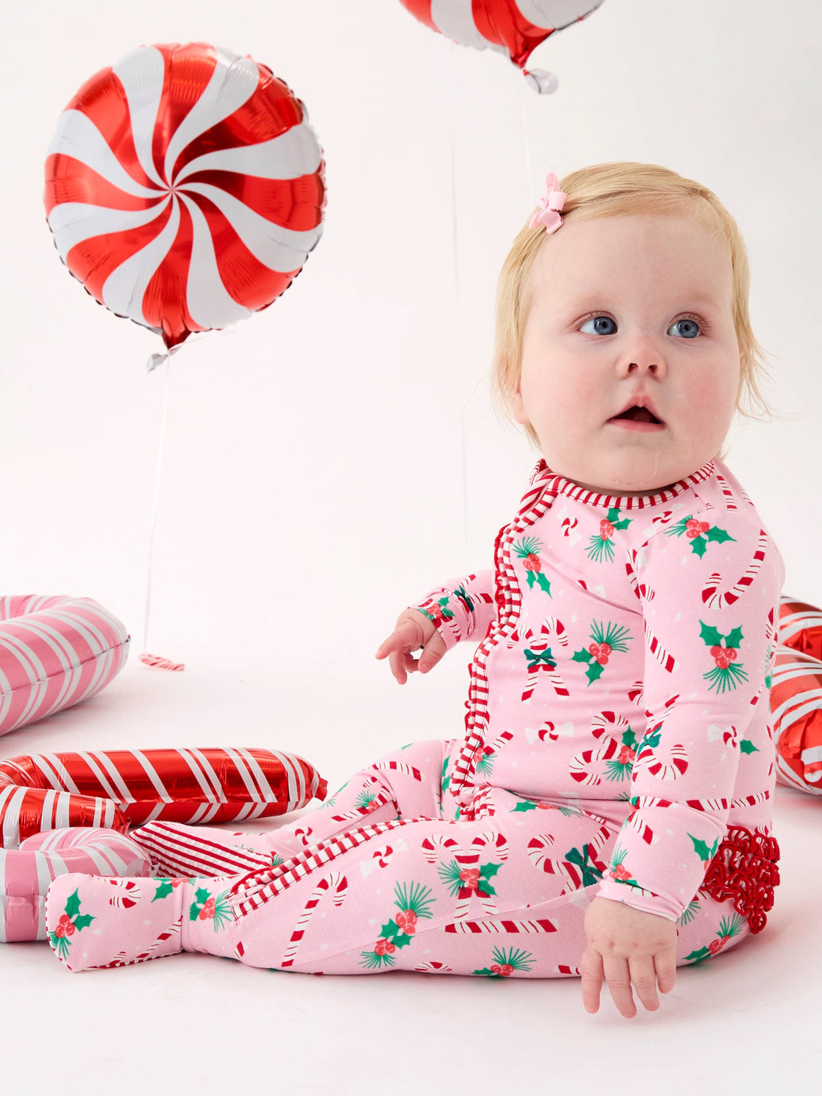 SoftSnooze™ Baby Girls Cotton Modal Holly Candy Canes Christmas Footed Ruffle One Piece Pajama