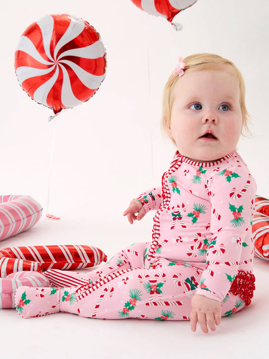 SoftSnooze™ Baby Girls Cotton Modal Holly Candy Canes Christmas Footed Ruffle One Piece Pajama