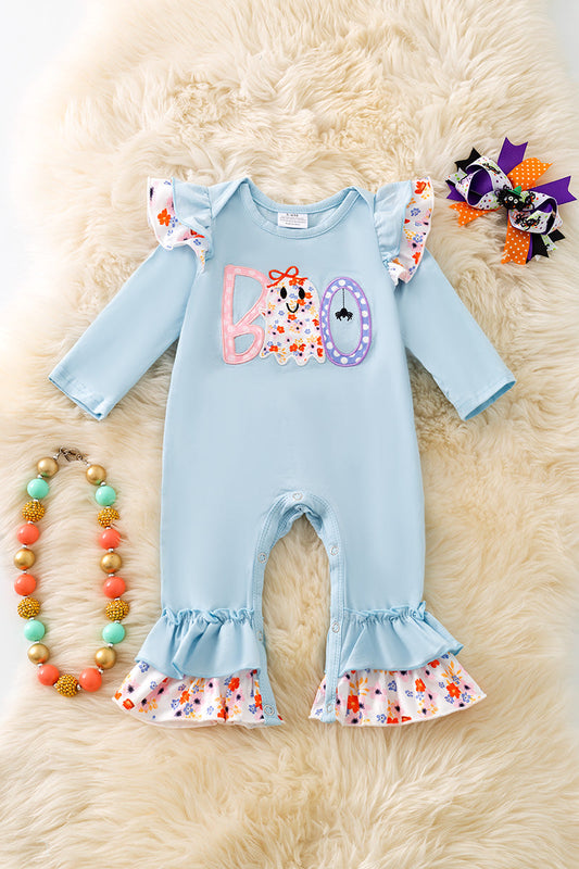 BOO" Boo applique on Lt. Blue baby romper with floral trim