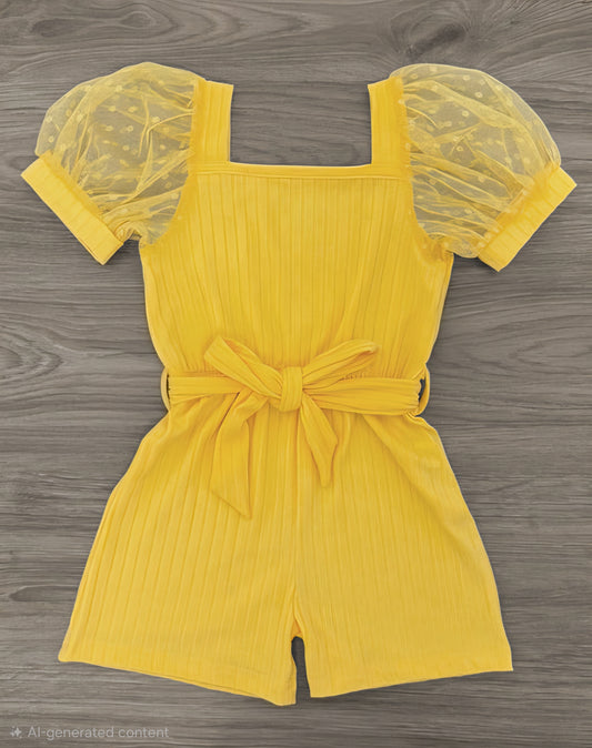 Yellow Polka Dot Tulle Puff Sleeve Romper