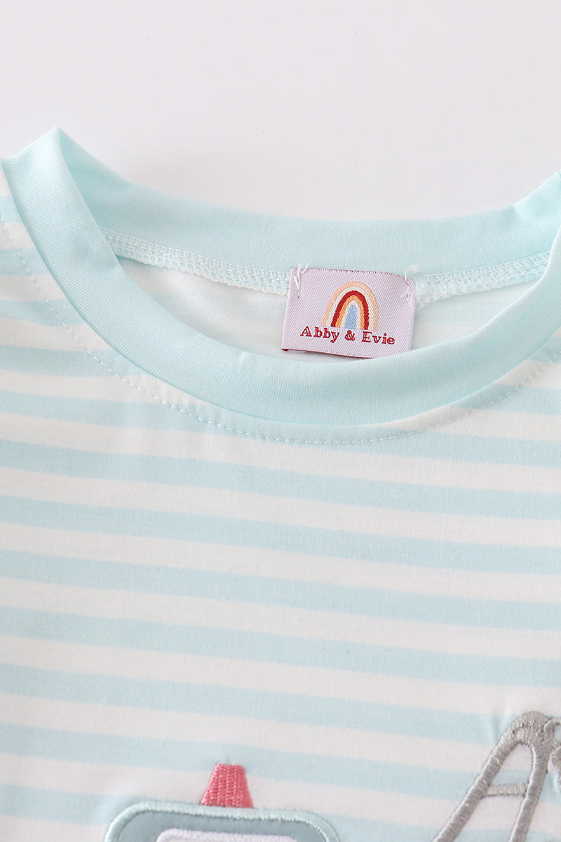 Abby & Evie
Blue stripe crane truck applique top