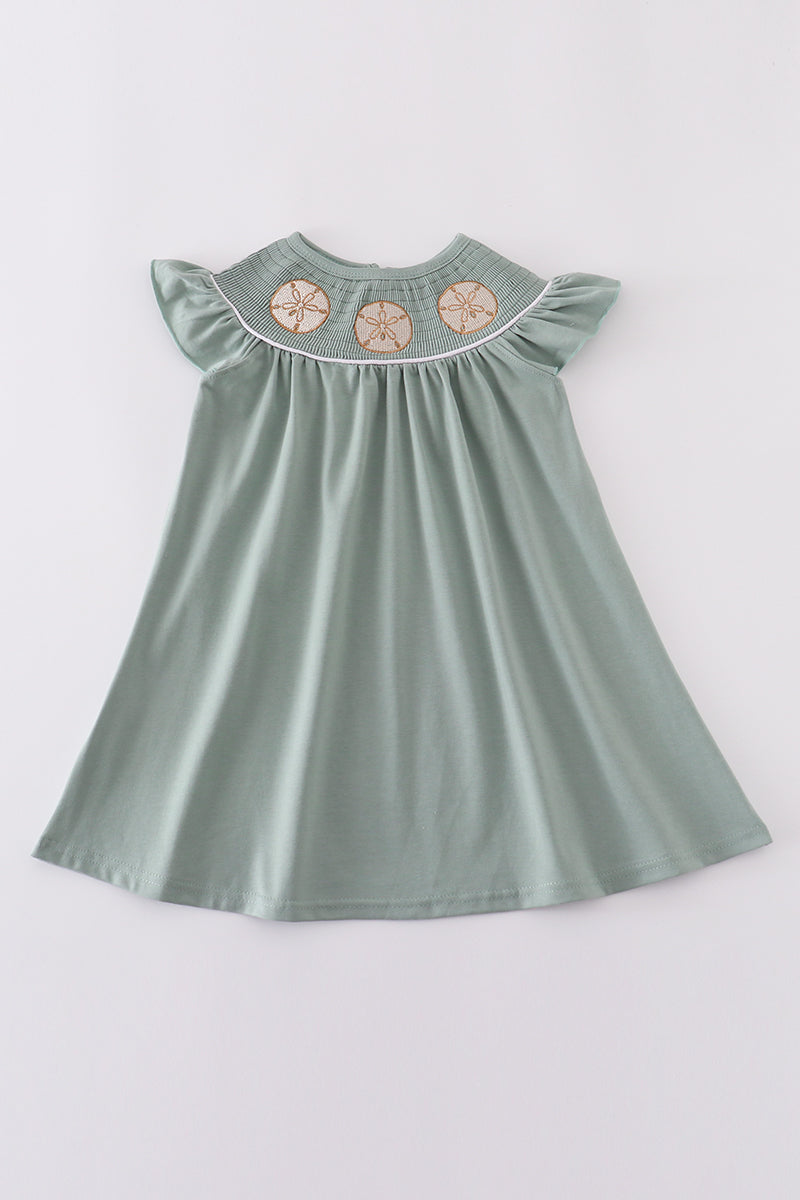 Abby & Evie
Sage sand dollar embroidery smocked girl dress