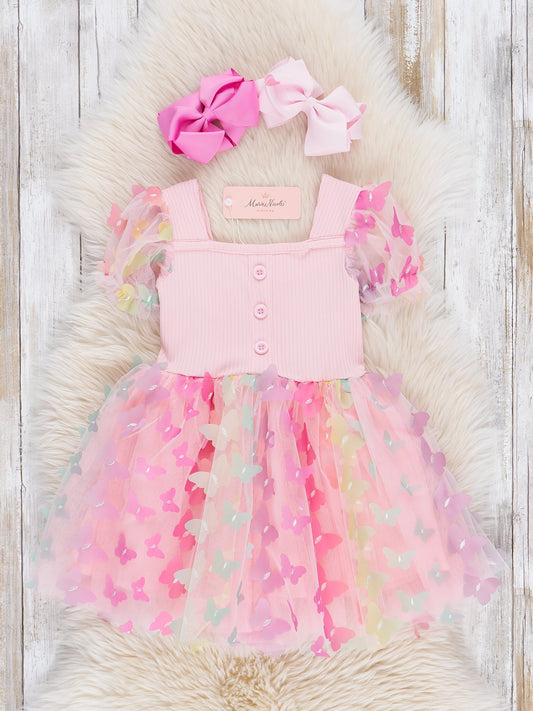 Pink Rainbow Butterflies Tulle Dress