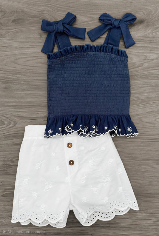 Embroidered Denim Floral White Short Set