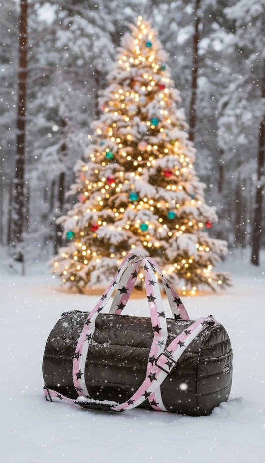 Black Puffer Duffle Bag Pink White Split Star Strap