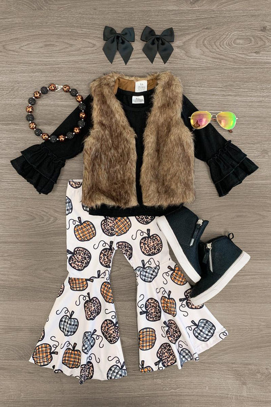 Pumpkin Bell Bottom Fur Vest Set