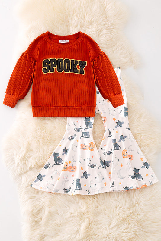 Spooky applique bubble sleeve top and bell bottoms
