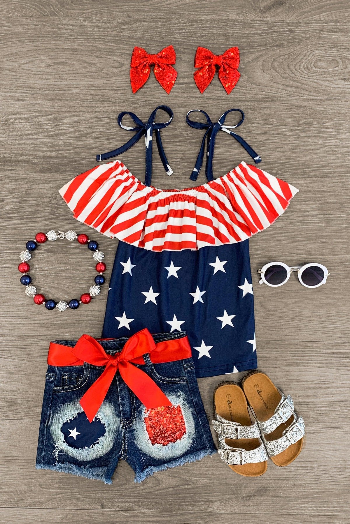 Patriotic Cold Shoulder Denim Short Set
