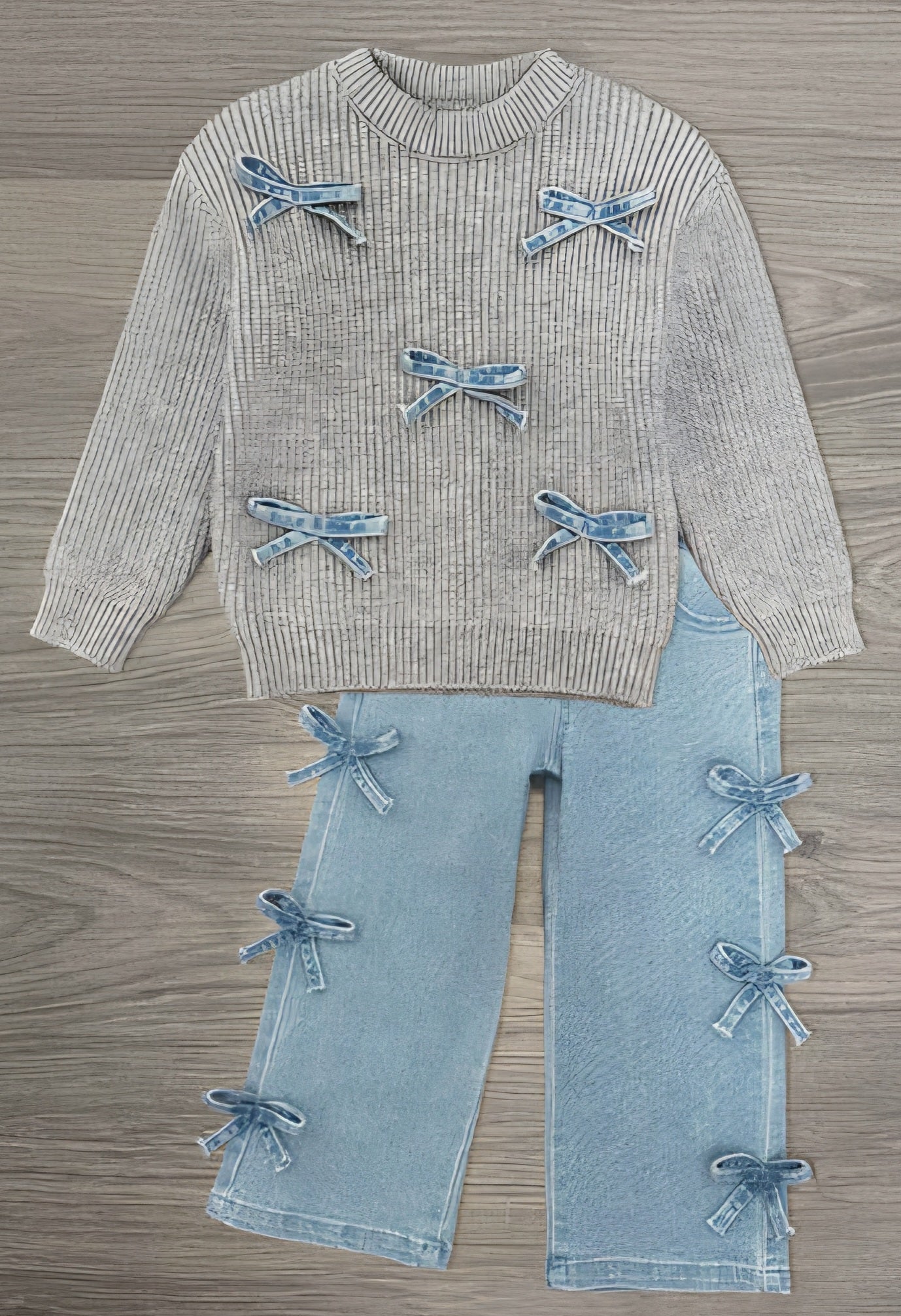 Gray Bow Knit Sweater & Denim Pant Set