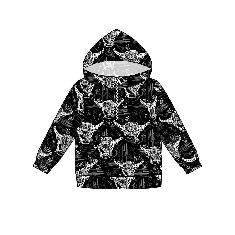 Black highland cow pocket zipper boy hoodie