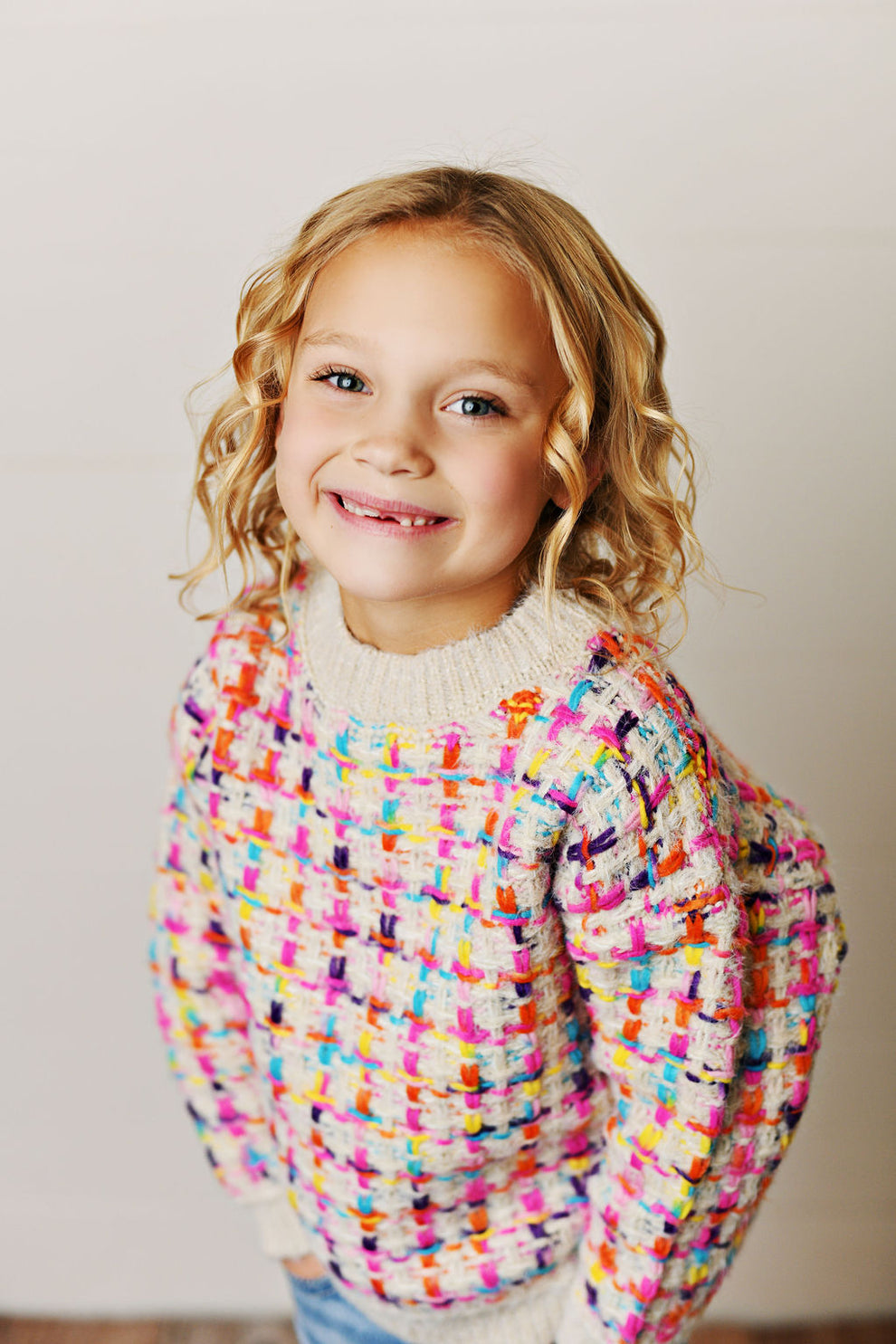 Rainbow Knit Textured Crew Sweater