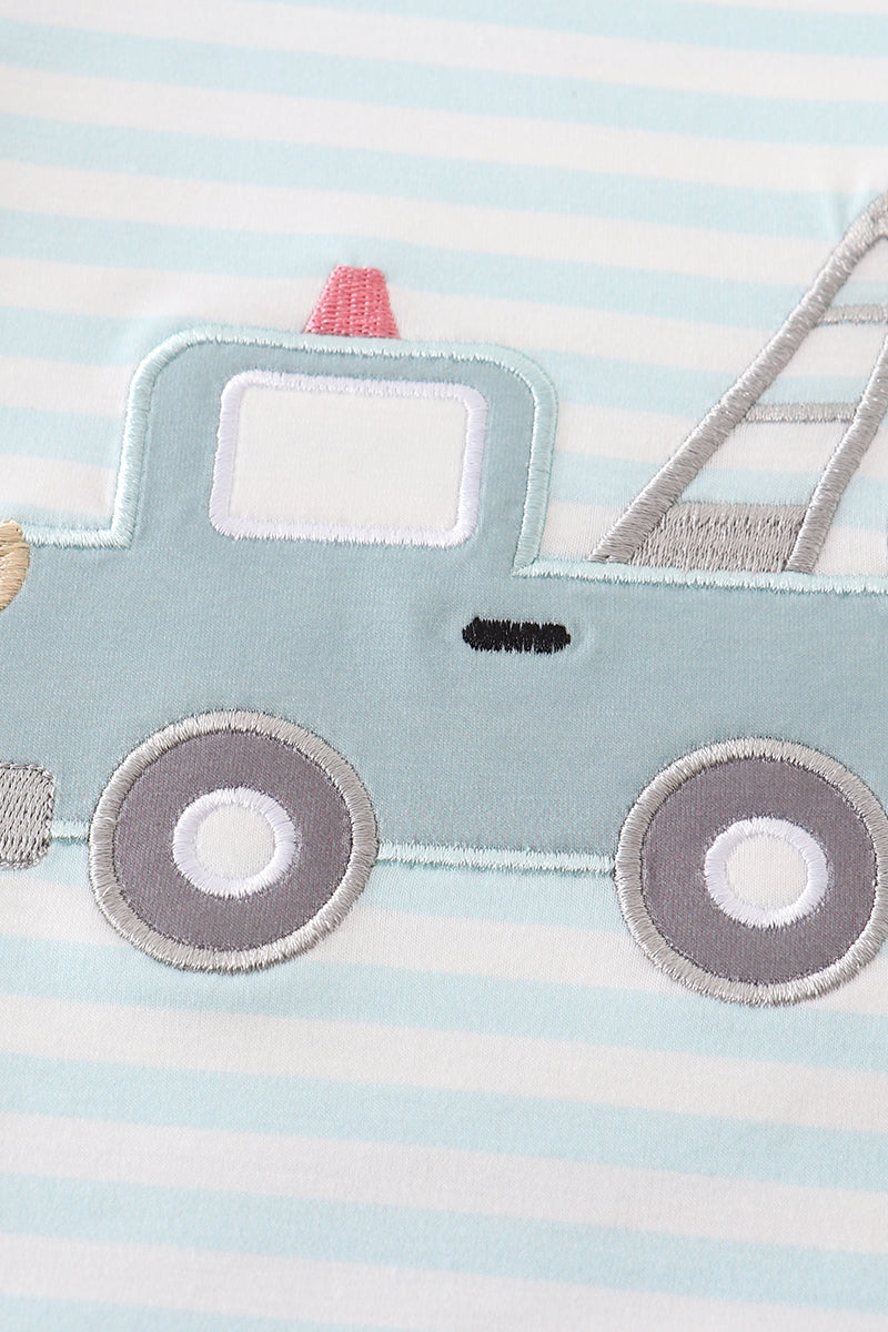 Abby & Evie
Blue stripe crane truck applique top