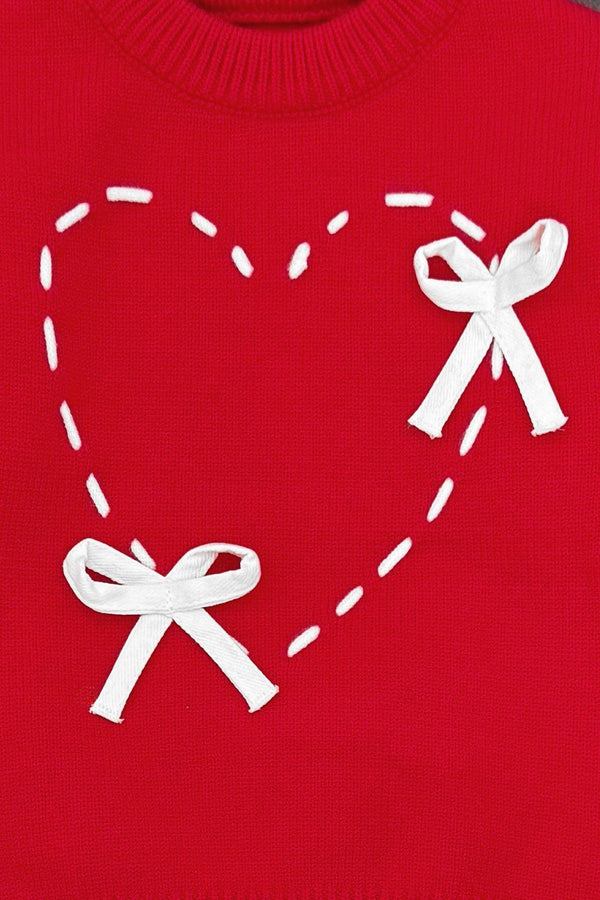 Red Lace-Up Bow Heart Sweater