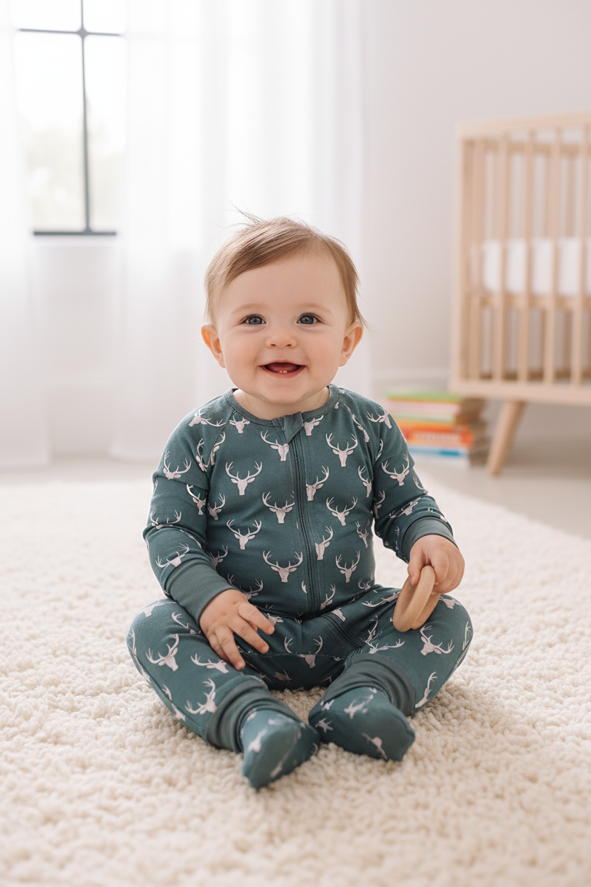 Abby & Evie Premium
Premium forest reindeer print bamboo romper