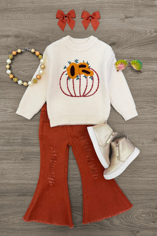 Knit Pumpkin Sweater Flare Denim Set