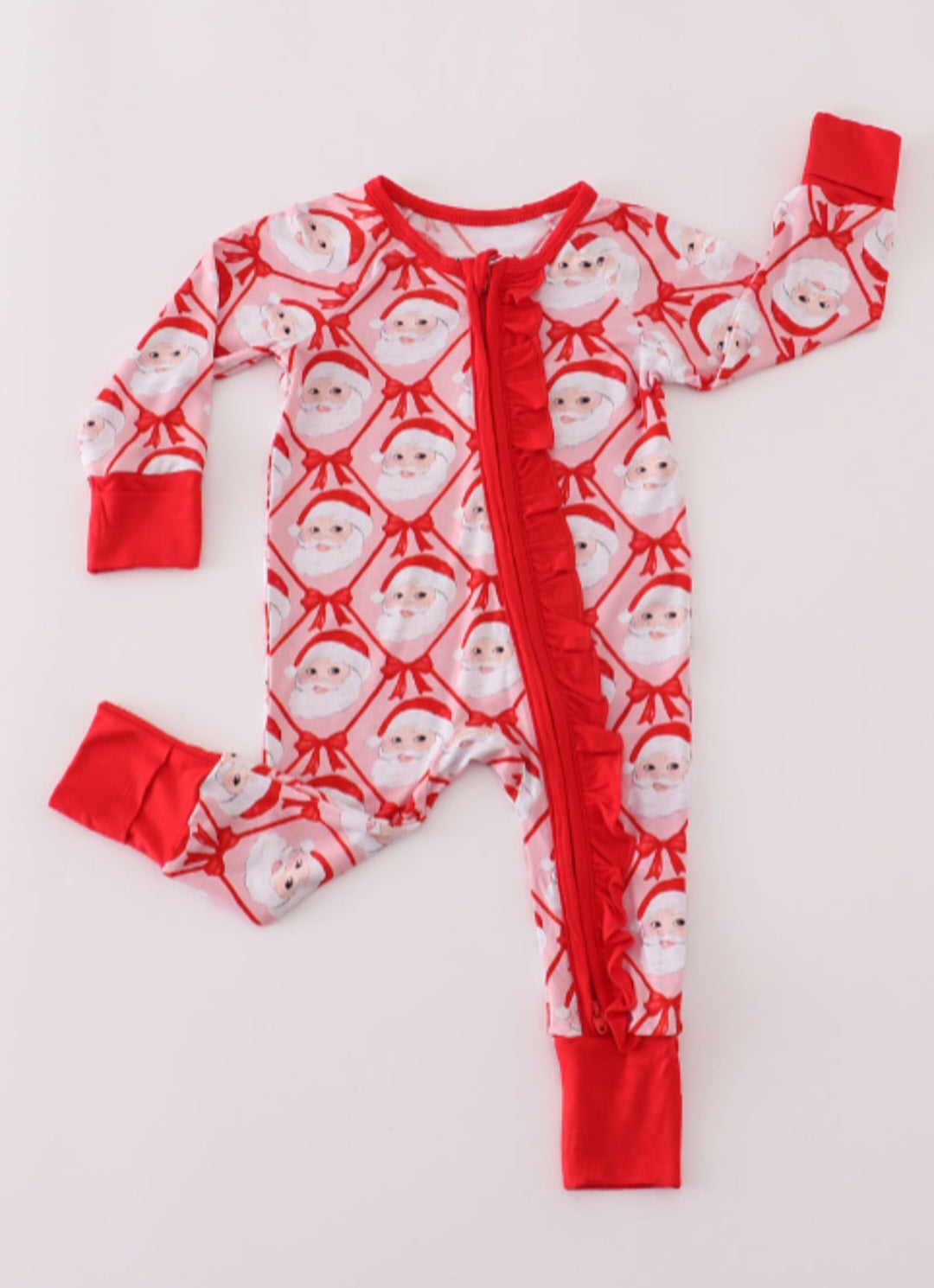 Red santa claus print bamboo pajamas ruffle romper