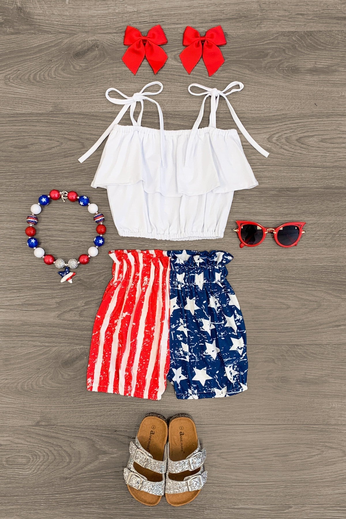 Stars & Stripes Tie Shoulder Bubble Short Set