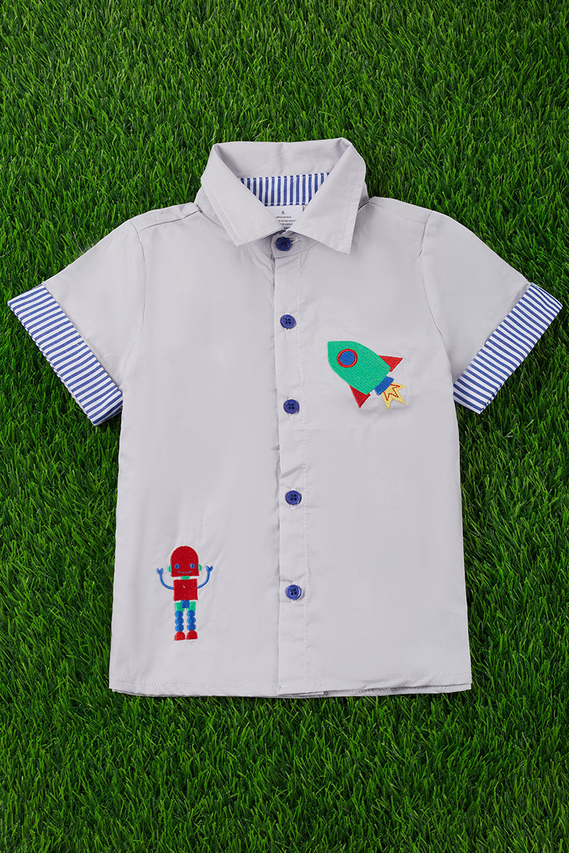 ROCKET ROBOT EMBROIDERED BUTTON UP SHIRT