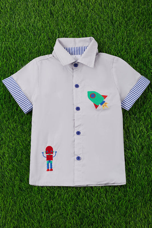 ROCKET ROBOT EMBROIDERED BUTTON UP SHIRT