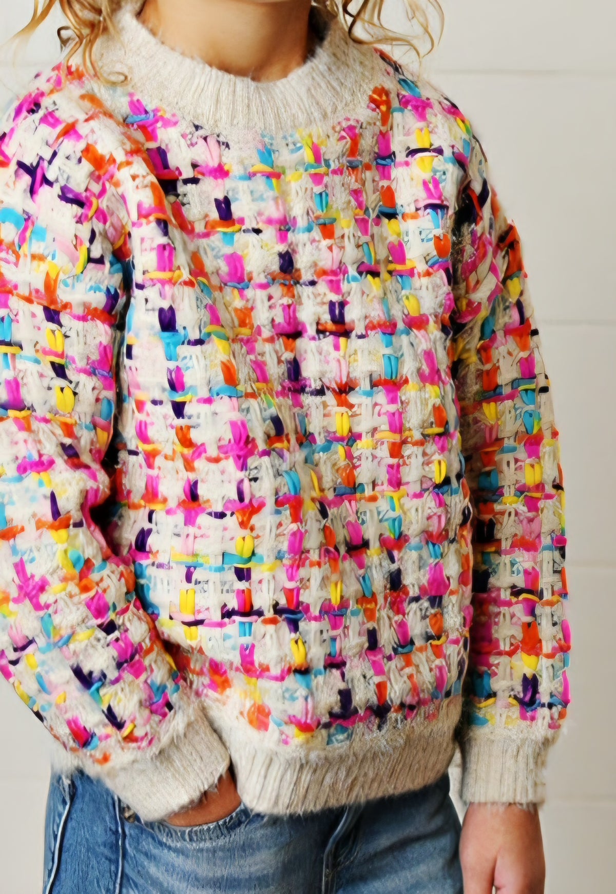 Rainbow Knit Textured Crew Sweater