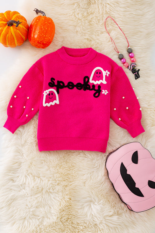 Fuchsia Spooky knit girls sweater with pearl beads
