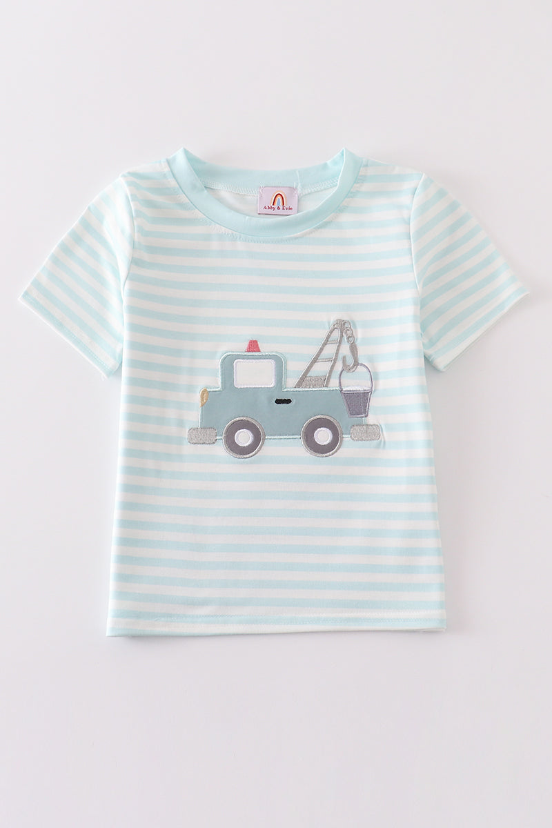 Abby & Evie
Blue stripe crane truck applique top