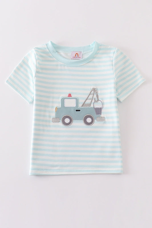 Abby & Evie
Blue stripe crane truck applique top