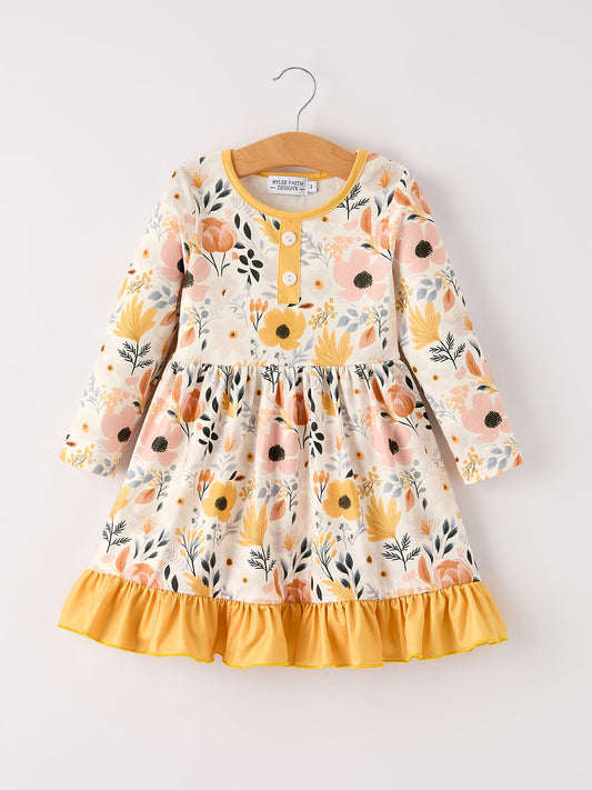 Fall/Winter Floral Long Sleeve Ruffled Girls Dress