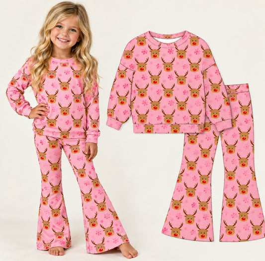 Reindeer Snowflake Print Sweatshirt Flare Set