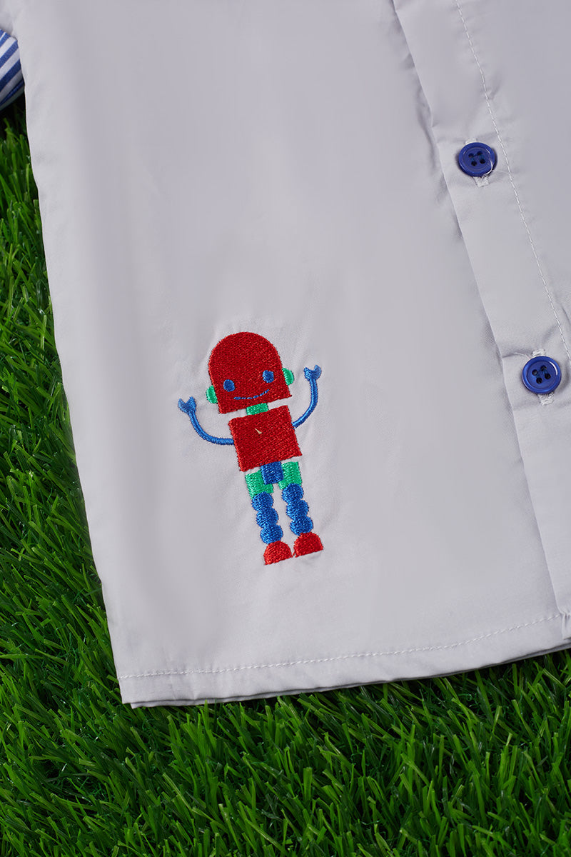ROCKET ROBOT EMBROIDERED BUTTON UP SHIRT