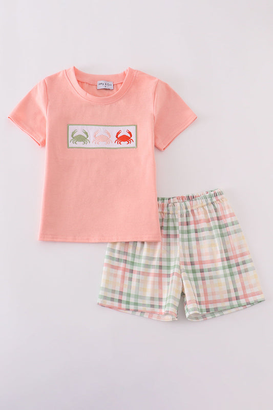 Abby & Evie
Crab embroidery plaid shorts set