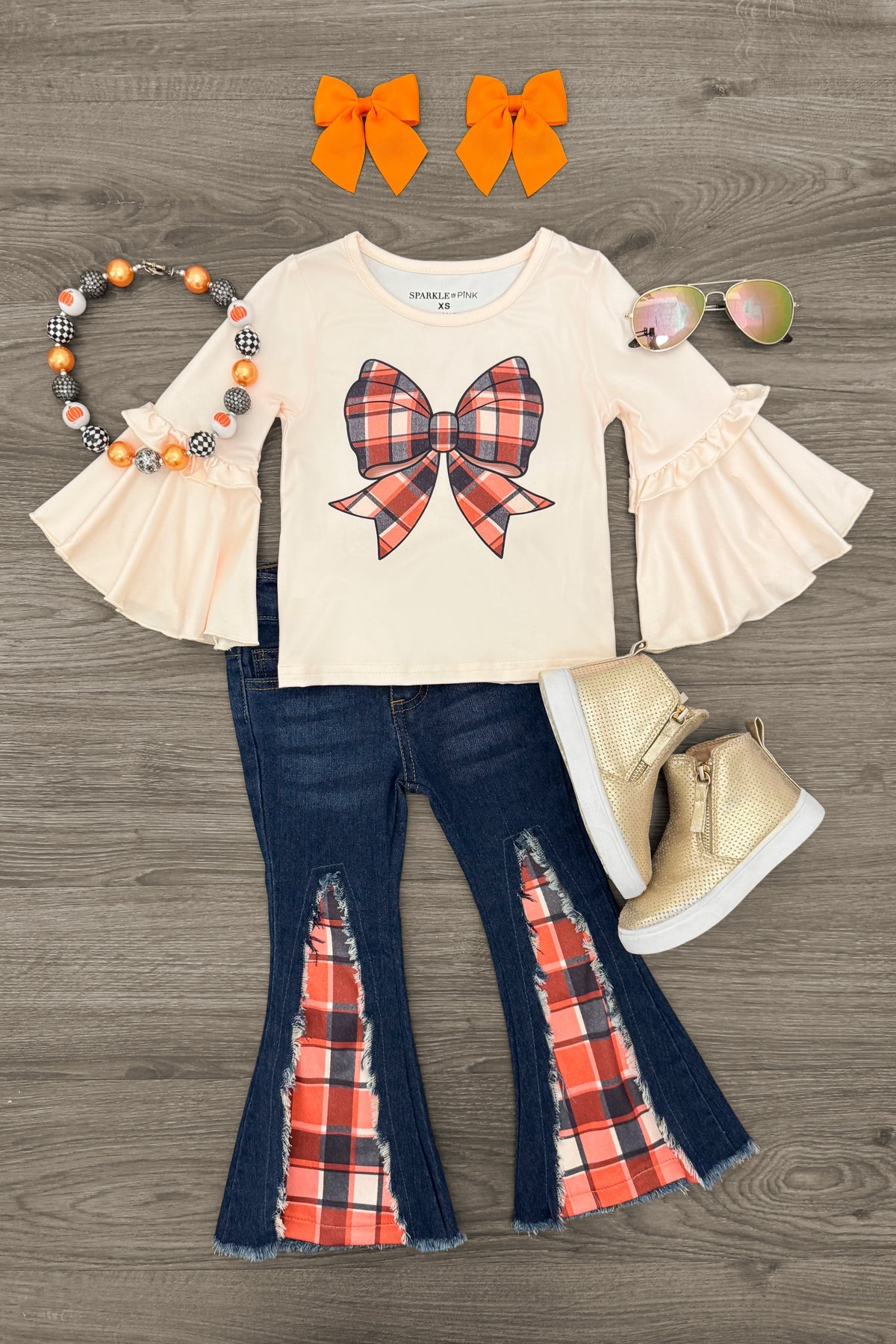 Plaid Bow Distressed Denim Flare Set