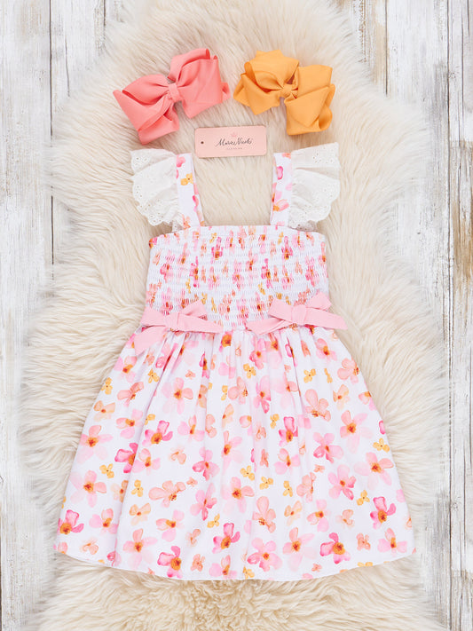 Pink & Yellow Floral Smocked Ruffle Dress