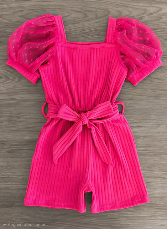 Hot Pink Polka Dot Tulle Puff Sleeve Romper