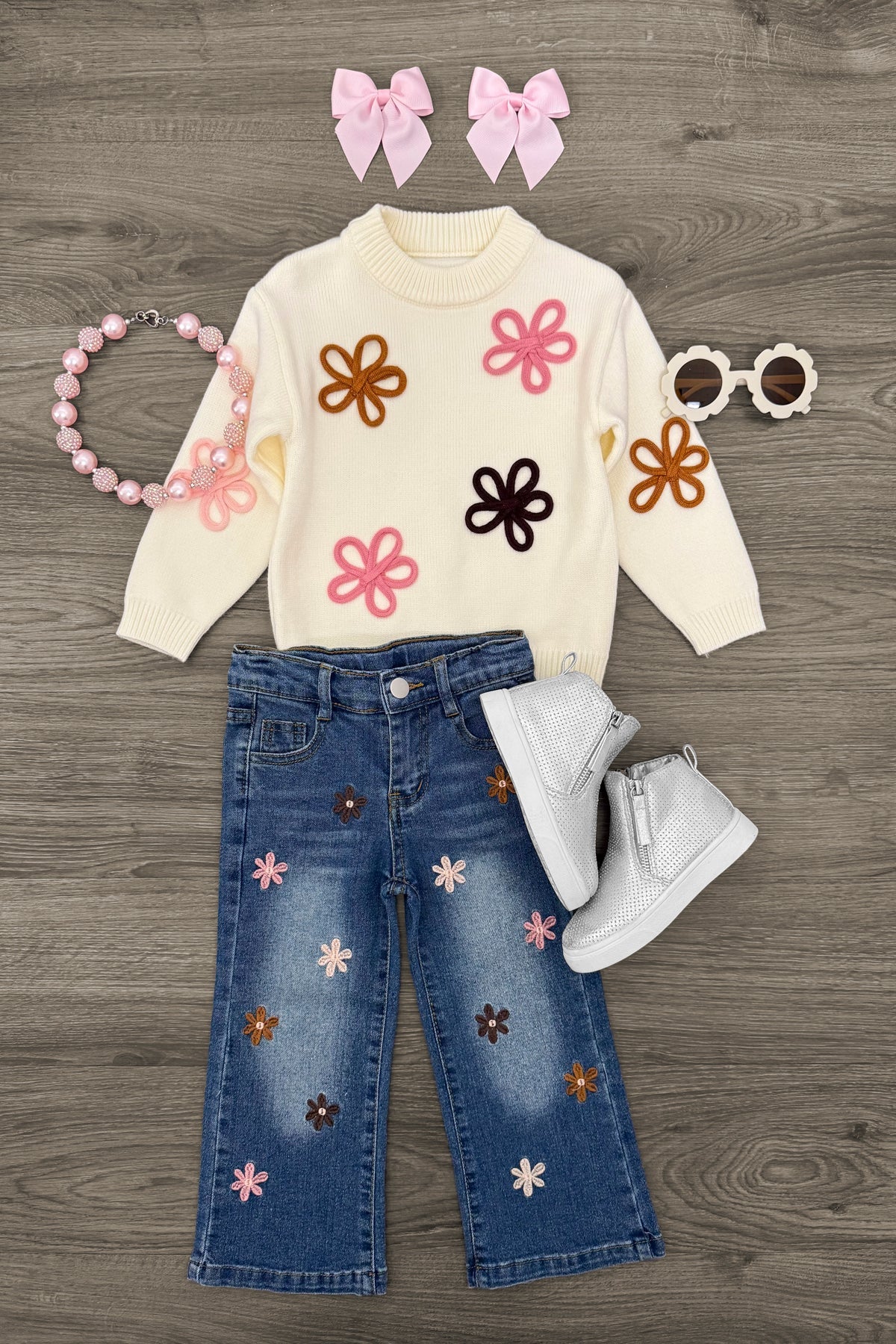 Cream Flower Print Denim Pant Set
